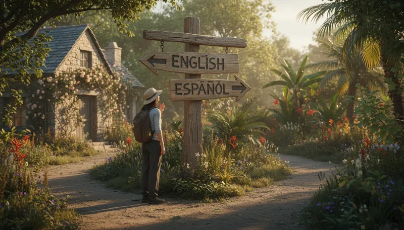 Illustration of english or spanish: asking for a language choice.