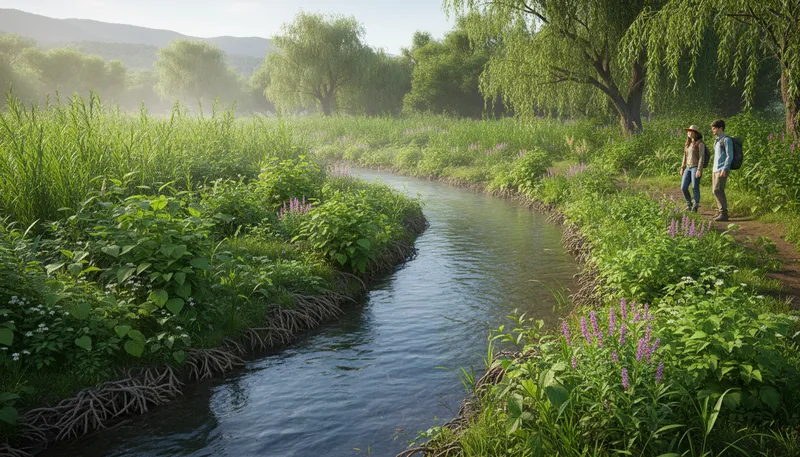 Illustration of riparian: Relating to riverbanks and surrounding areas.