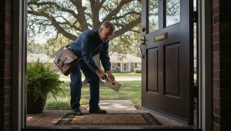 Illustration of postman: A person who delivers mail.