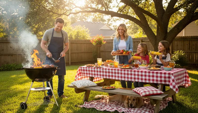 Illustration of barbeque: A meal cooked outdoors using an open flame.