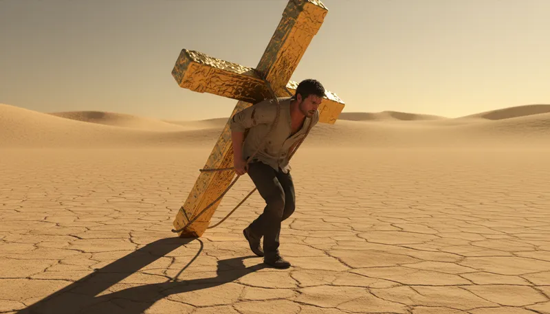 Illustration of cross of gold: symbol of wealth or burden in society