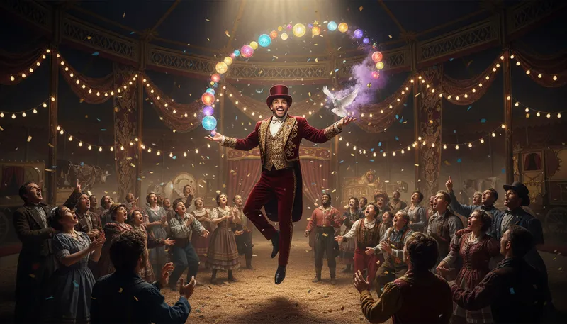 Illustration of showman: A person skilled at entertaining an audience.