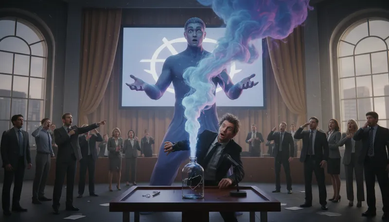 Illustration of the genie's out of the bottle: A situation that cannot be easily controlled.