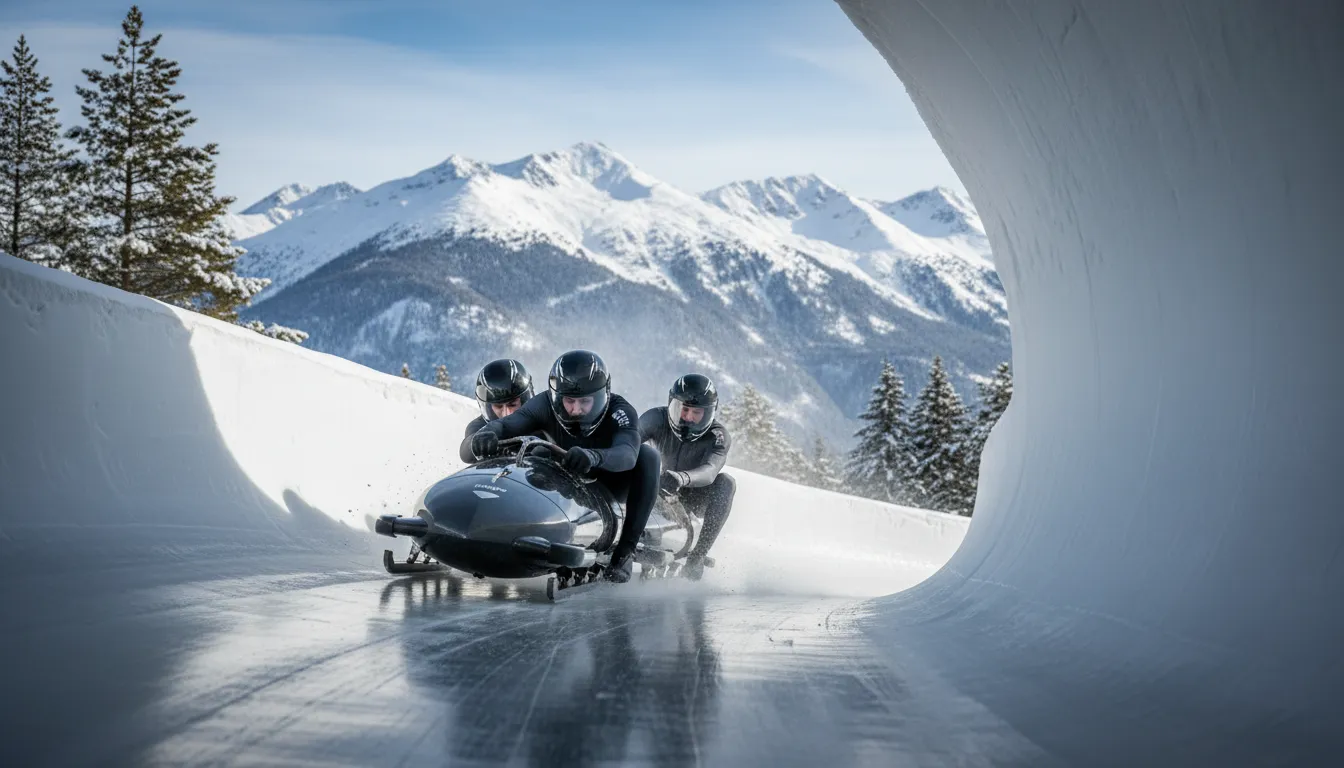 bobsleigh-এর ইলাস্ট্রেশন: A winter sport involving a sled team racing.