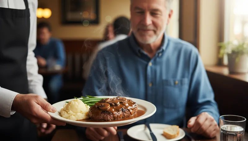 Illustration of salisbury: A type of steak dish, typically made with ground beef.