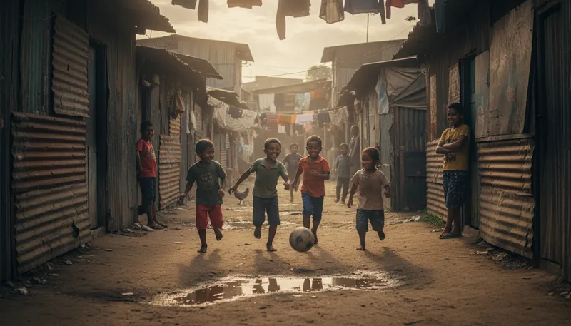 Illustration of slum: A heavily populated urban area with poor conditions.
