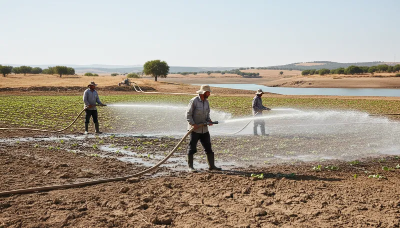 Illustration of irrigate: To supply water to land for growing crops.