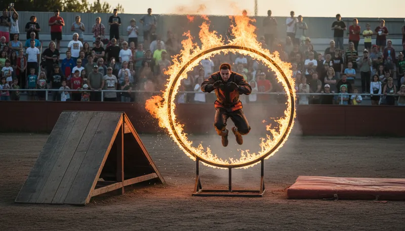 Illustration of stuntman: A performer who does dangerous physical feats.