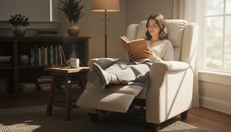 Illustration of recliner: A chair that leans backward for comfort.