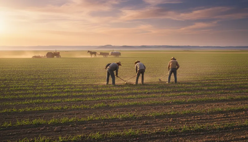 Illustration of plainfield: a flat area of land, often used for farming.