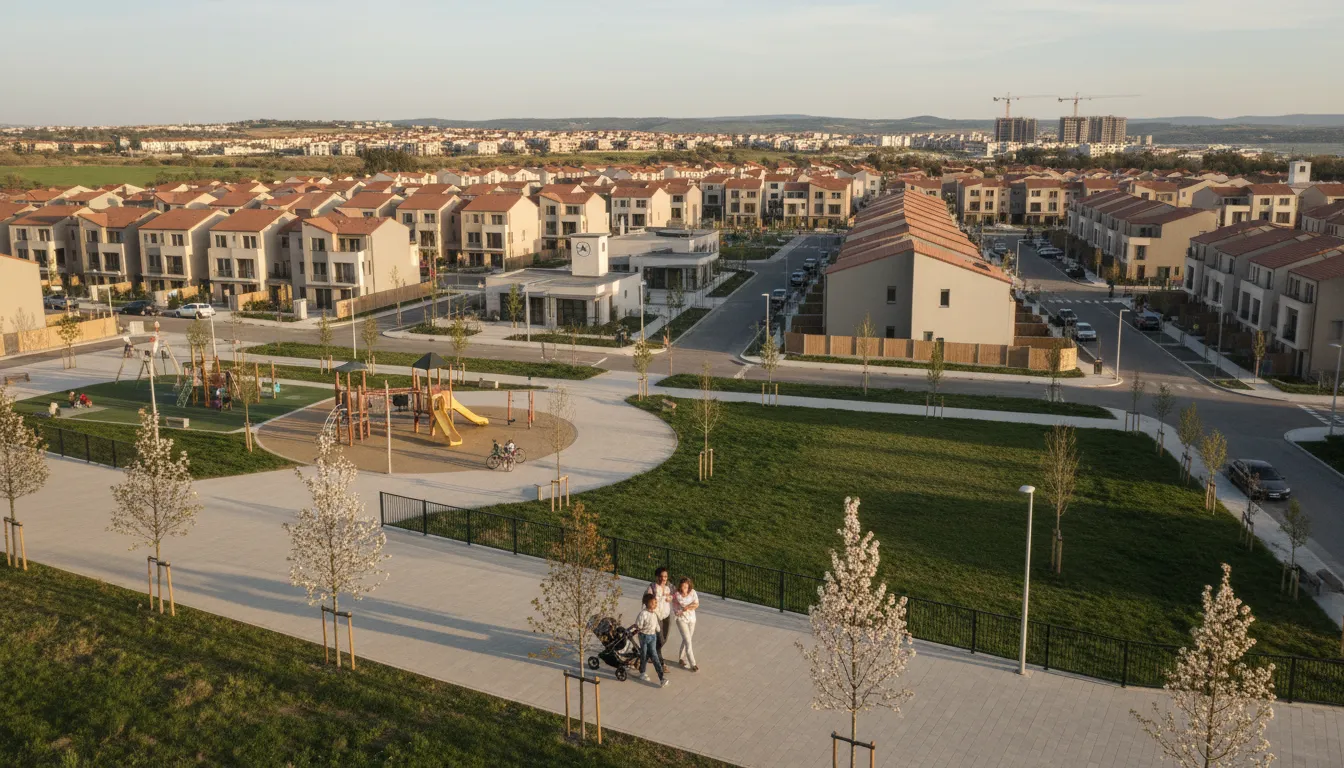 Illustration of new town: a planned urban community built as a city.