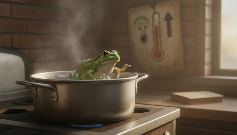 Illustration of boiling frog: a metaphor for gradual, unnoticed danger