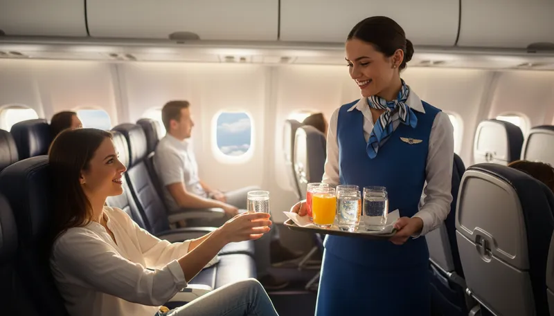 Illustration of stewardess: A woman who serves passengers on planes.