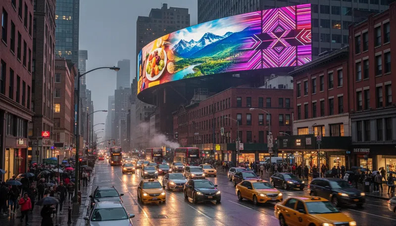 Illustration of billboard: A large outdoor sign for advertising.