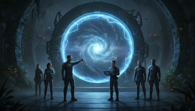Illustration of stargate: A fictional portal for interstellar travel.