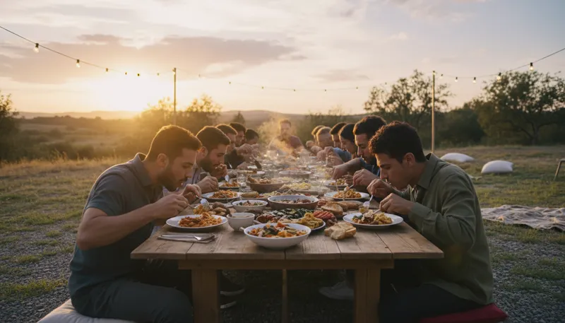 Illustration of dig in: Start eating enthusiastically.