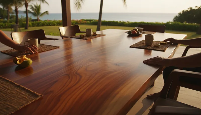 Illustration of teak: A durable hardwood used for furniture.
