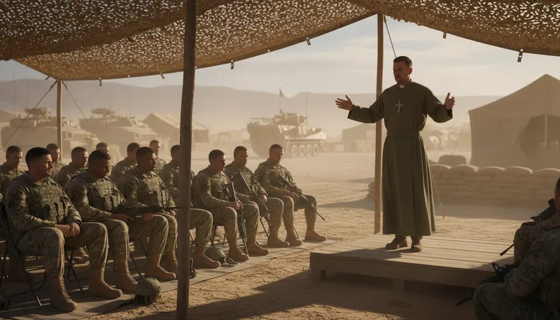 Illustration of padre: a military chaplain, providing spiritual support
