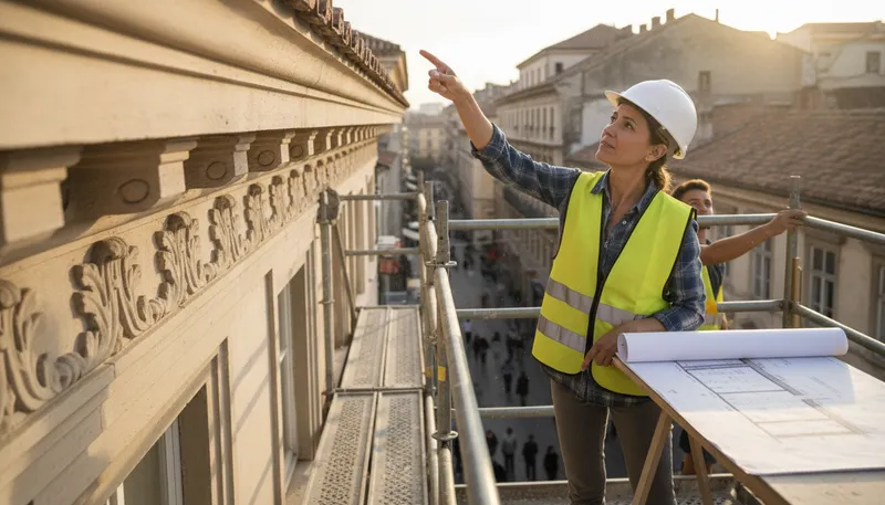 Illustration of cornice: An ornamental molding at a building's edge.