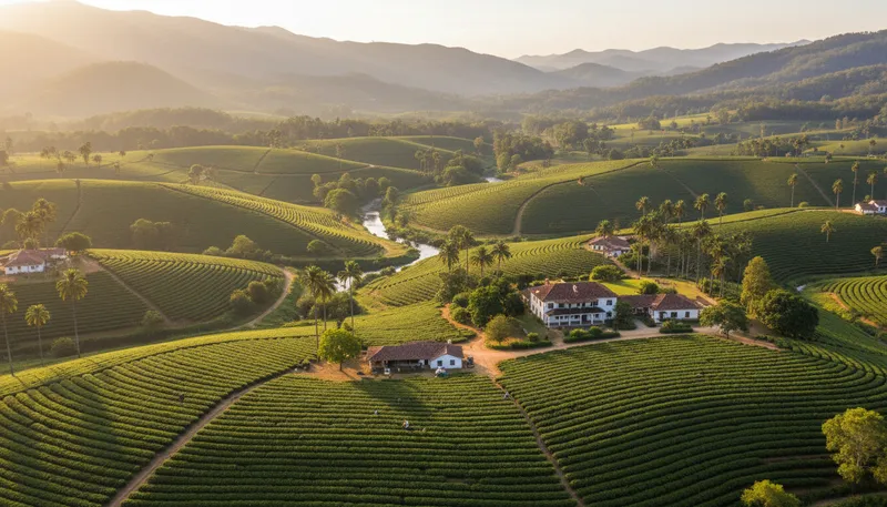 Illustration of plantation: A large farm where crops are grown.