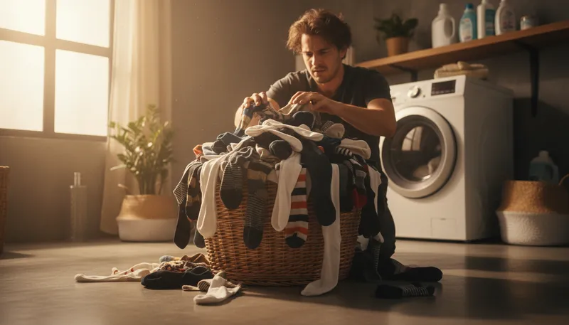 Illustration of laundry: Clothes and linens that need washing.