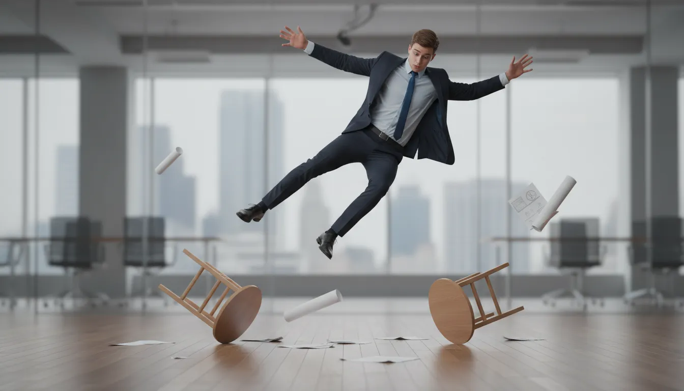 fall between two stools 일러스트: To fail to achieve two goals.