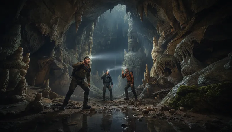 Illustration of cave: A large underground space in rock or earth.