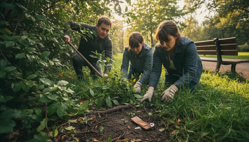 Illustration of beat the bushes: Search thoroughly for something or someone.