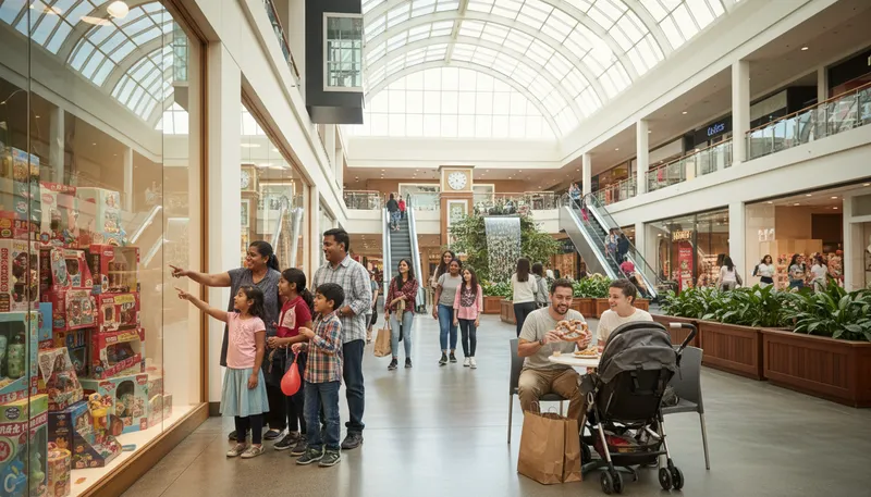Illustration of mall: a large indoor shopping area with many stores