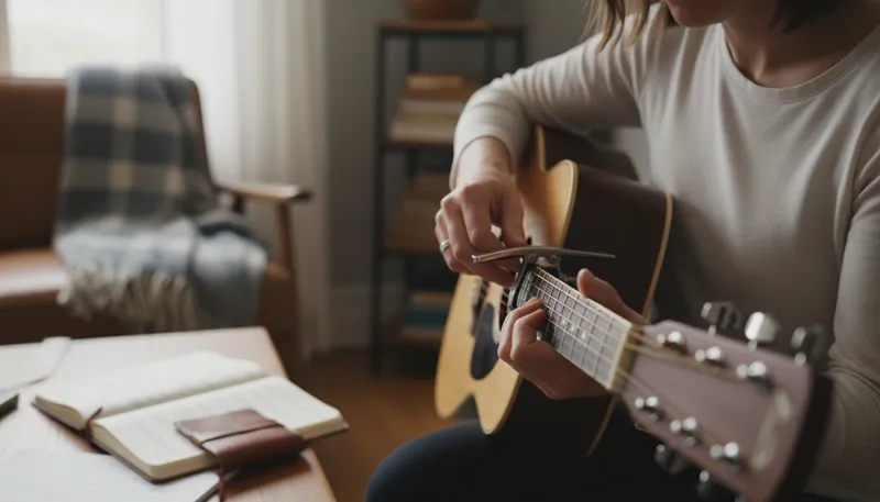 Illustration of capo: device for changing pitch on a string instrument.