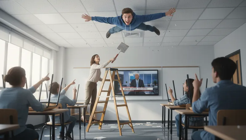 Illustration of scrape someone off the ceiling: to calm someone who is overly excited.