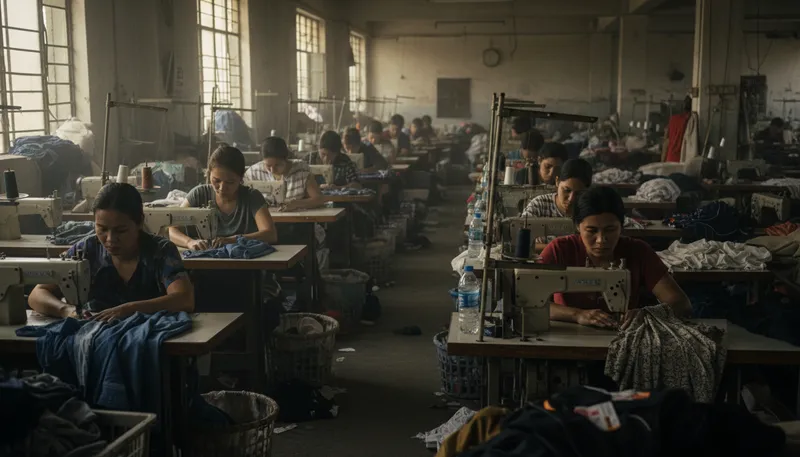 Illustration of sweatshop: A factory with poor working conditions.