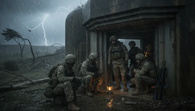Illustration of bunker: a fortified shelter for protection during attacks.