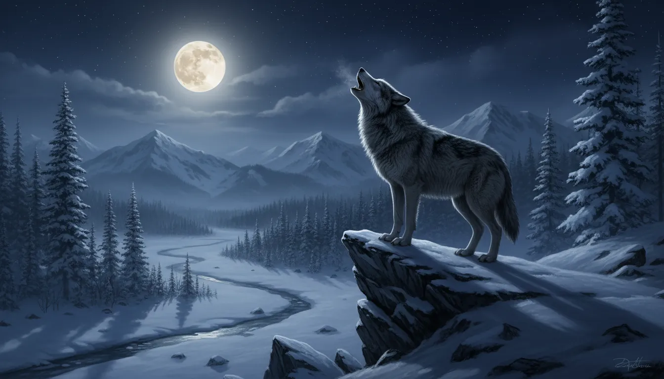 howl at the moon 的插圖：To make a loud cry toward the night sky.