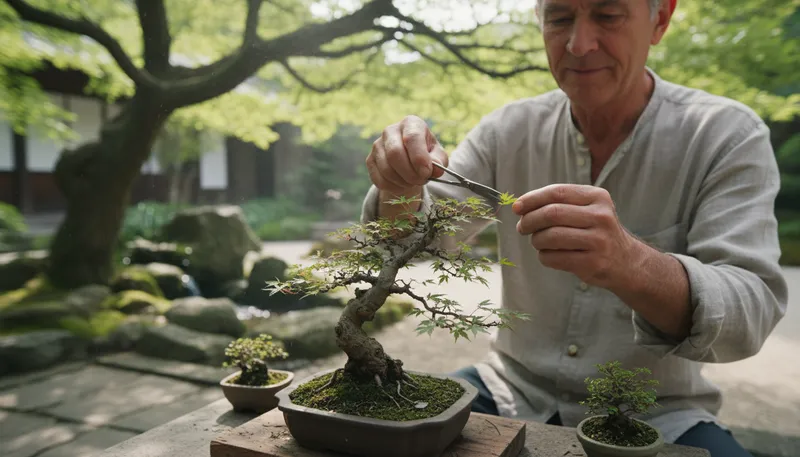 Illustration of bonsai: A small tree shaped by pruning.
