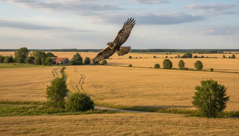 Illustration of buzzard: A large bird of prey with broad wings.