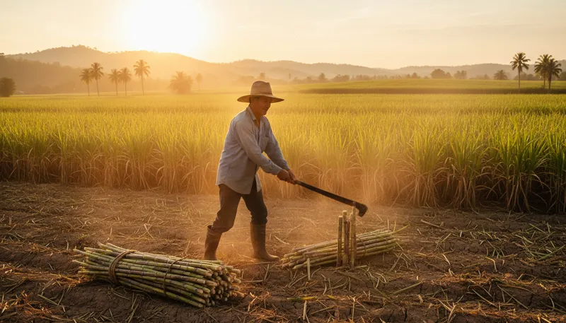 Illustration of sugarcane: A tall grass used to produce sugar and syrup.