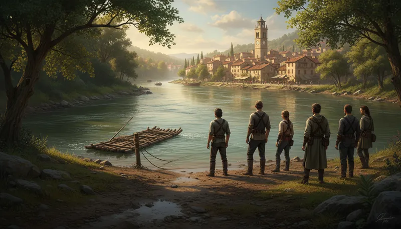 Illustration of pass the river: to cross over a river