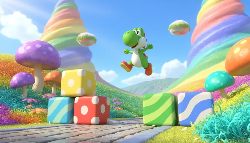 Illustration of yoshi: A green dinosaur character from a video game.