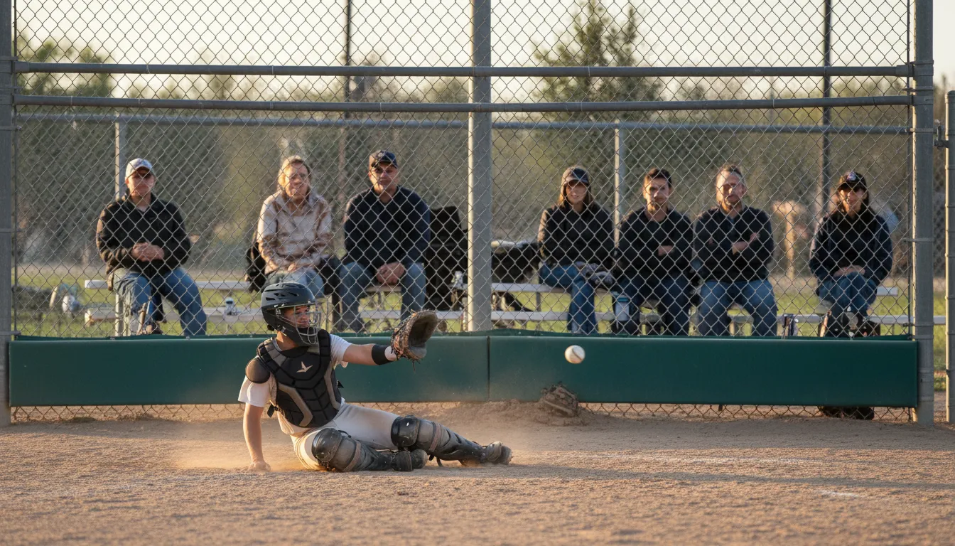 backstop 的插图：A barrier to catch missed balls or errors.