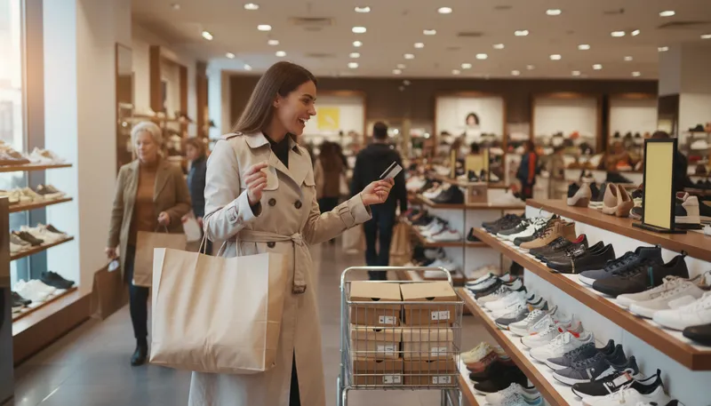 Illustration of hit the stores: go shopping at multiple retail locations.