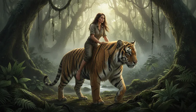 Illustration of ride the tiger: To face a dangerous situation bravely.