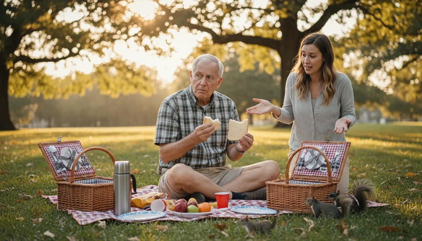 Illustration of a few sandwiches short of a picnic: Not very intelligent or a bit crazy.
