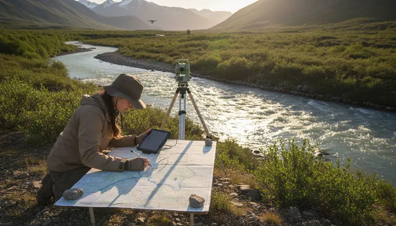 Illustration of geographer: A person who studies the Earth's features.