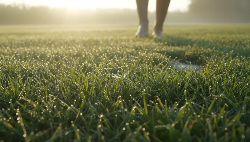 Illustration of dewy: Wet with moisture, often morning droplets.