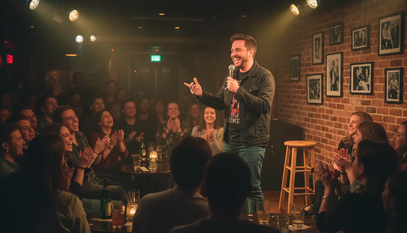 Illustrazione di standup: A style of comedy performed by a single person.