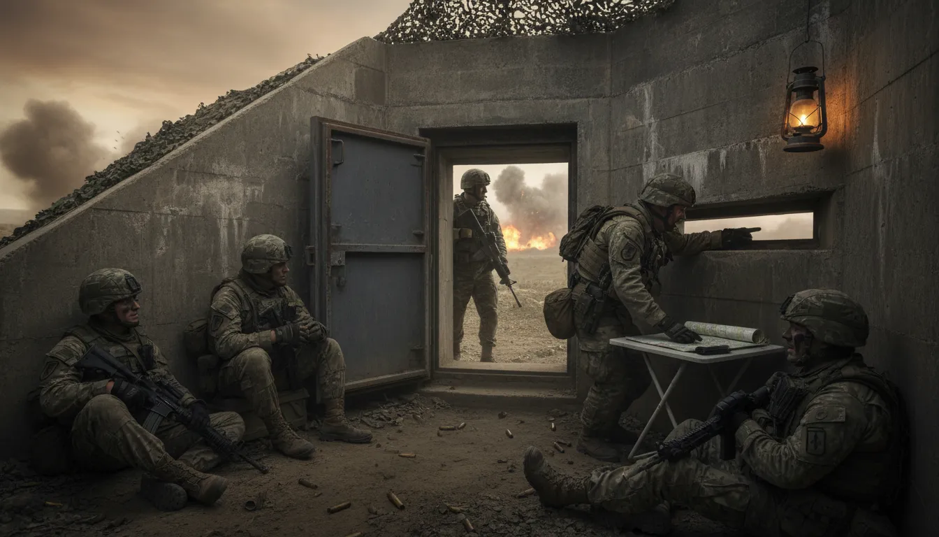 bunker 的插圖：a fortified shelter for protection during attacks.