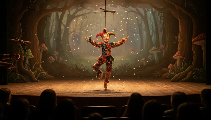 Illustration of puppet: A movable figure controlled by strings or hands.