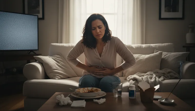 Illustration of indigestion: Discomfort in the stomach after eating.