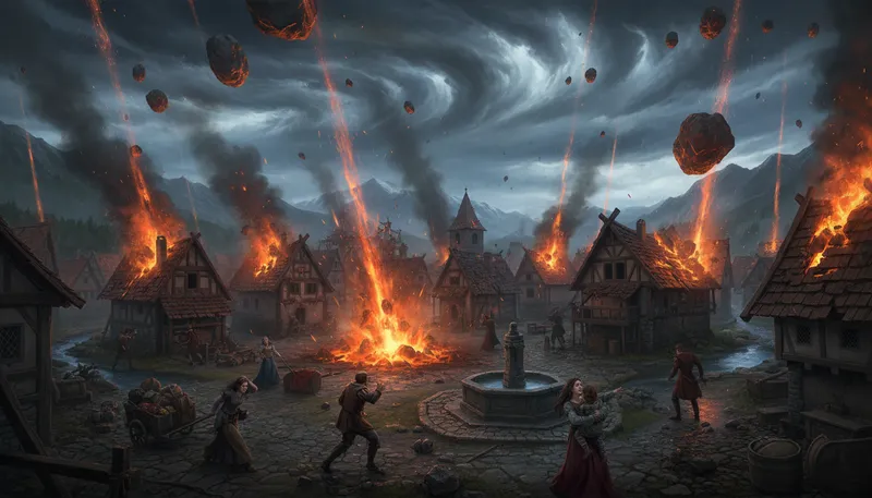 Illustration of rain fire and brimstone: Describe a fierce and destructive event.